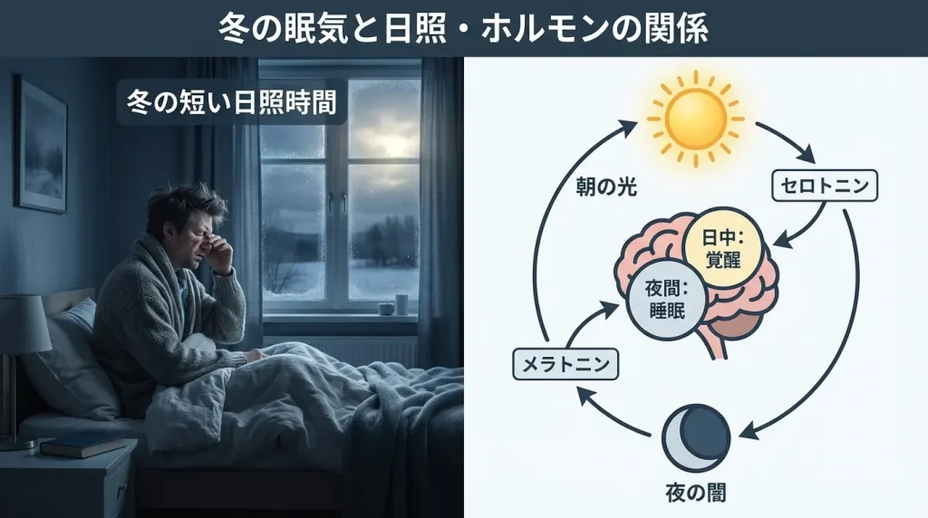 冬の日照時間の短さとセロトニン・メラトニンの変化による眠気の関係を示した画像