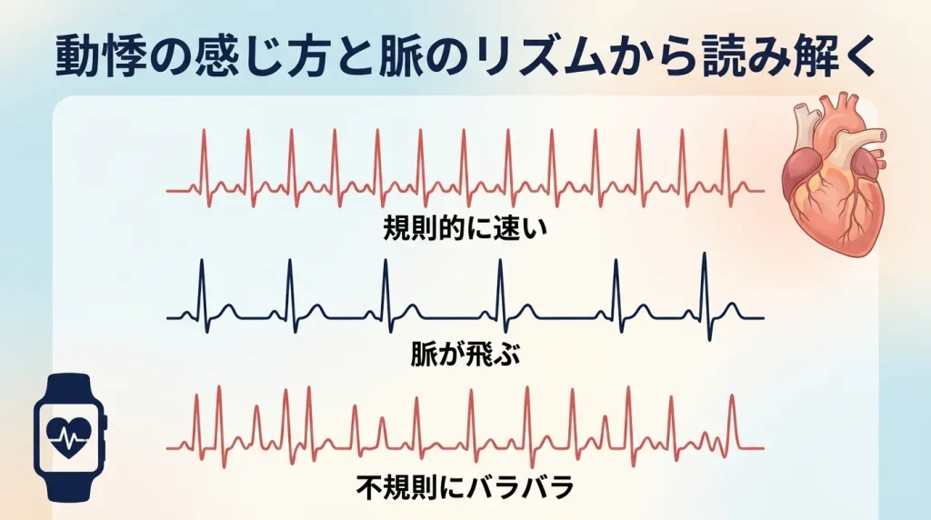 規則的に速い脈や脈が飛ぶ状態、不規則な脈など動悸の特徴を示した心電図の比較