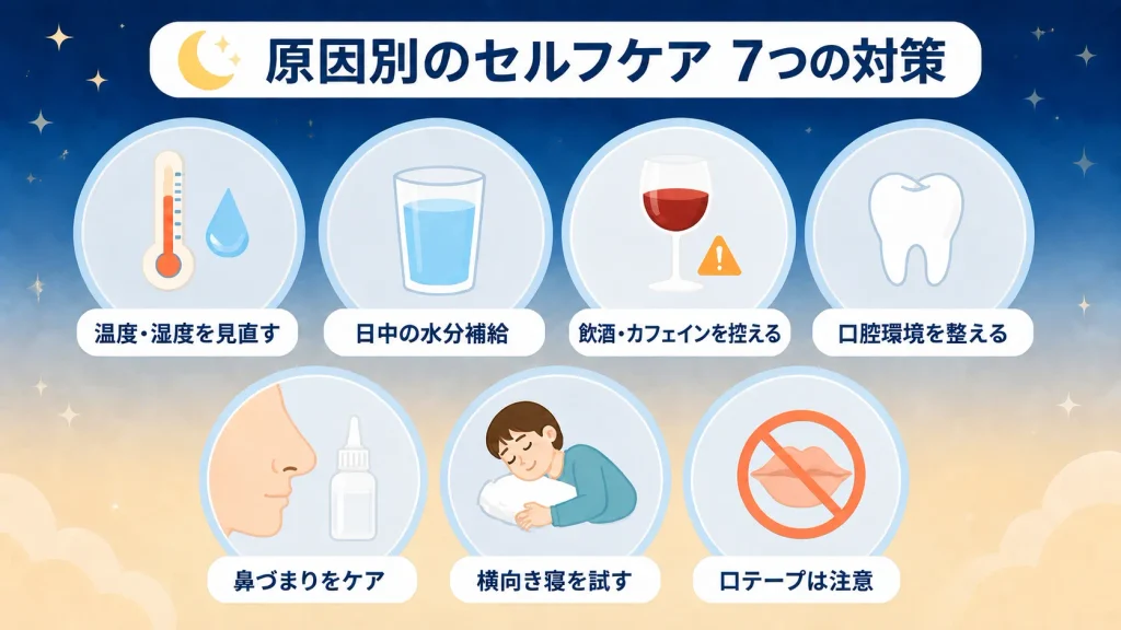 夜の喉の渇き対策として、温度・湿度、水分補給、飲酒・カフェイン、口腔環境、鼻づまり、寝姿勢などを原因別に解説