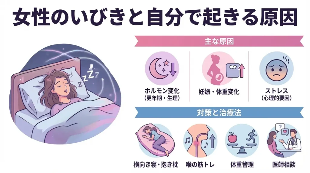 女性のいびきで自分が起きる原因と対策をまとめた画像