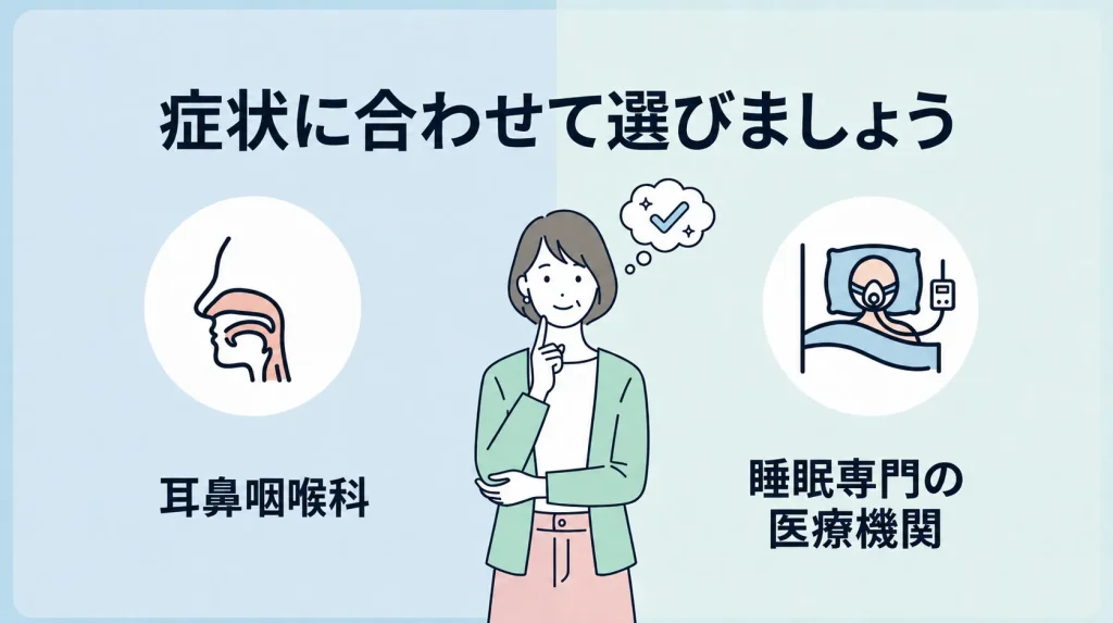 女性の鼻いびきの症状に合わせて耳鼻咽喉科や睡眠専門の医療機関を選ぶ目安を示したイラスト