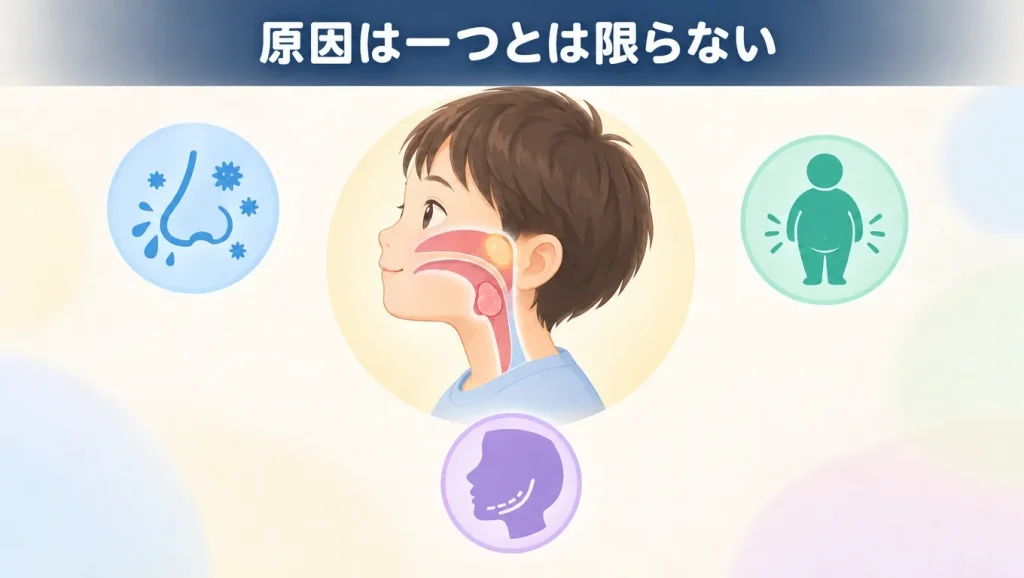子供の睡眠時無呼吸症候群の原因となる扁桃腺やアデノイド肥大、鼻づまり、肥満などを示したイメージ