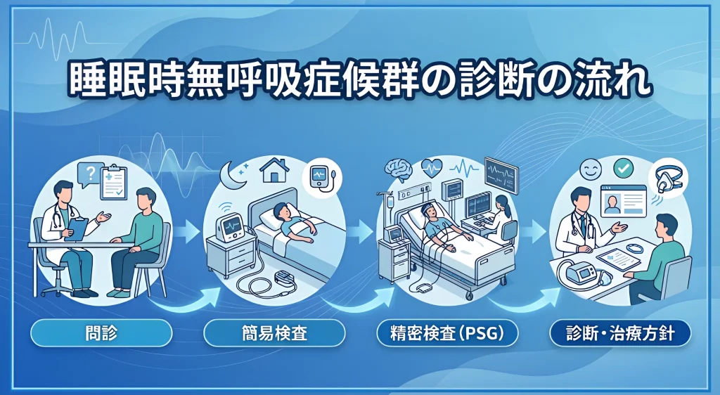 問診から簡易検査、PSG検査、診断・治療方針の決定まで、睡眠時無呼吸症候群の診断の流れを示した画像