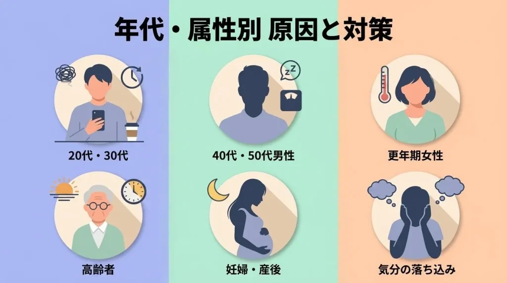 20代・30代、40代・50代男性、更年期女性、高齢者、妊婦・産後などの早朝覚醒を示す図