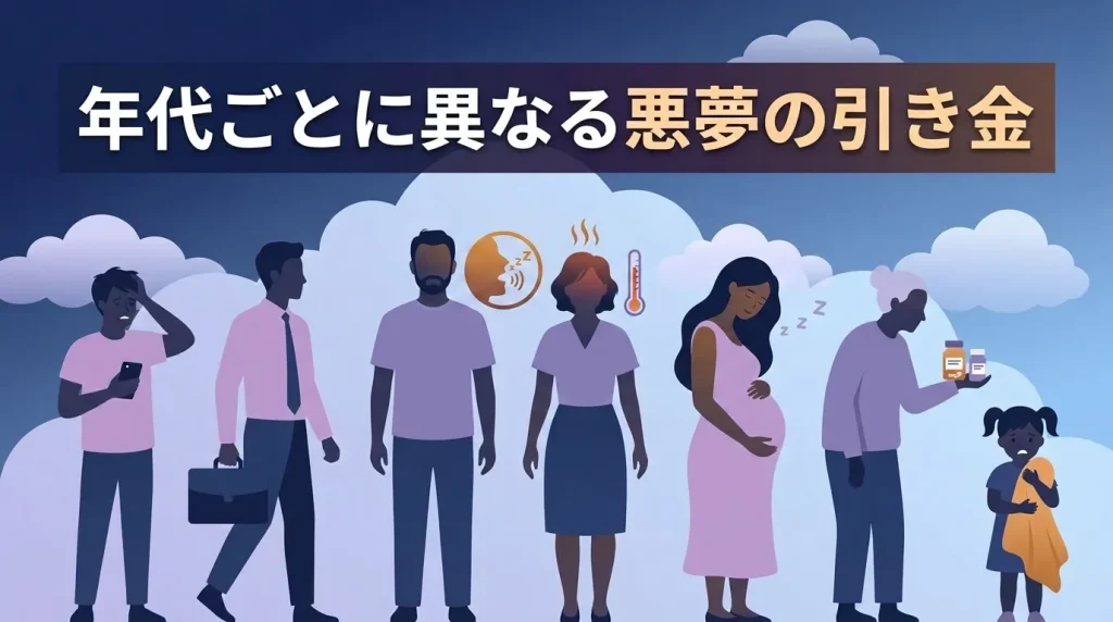 子どもや妊娠中の女性、高齢者など年代・状況別の悪夢の原因を示したイラスト