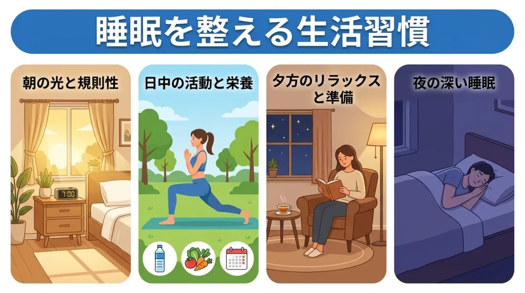 睡眠を整える生活習慣として、朝の光、日中の活動、夕方以降のリラックス、夜の睡眠環境を示した画像