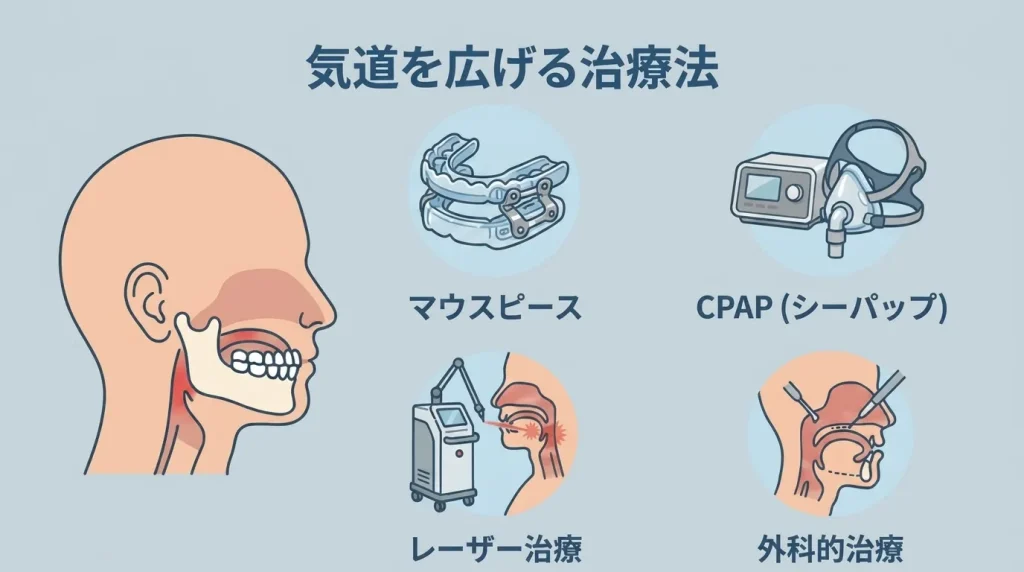 マウスピース、CPAP、レーザー治療、外科的治療など、いびきで狭くなった気道を広げる治療法を示す図