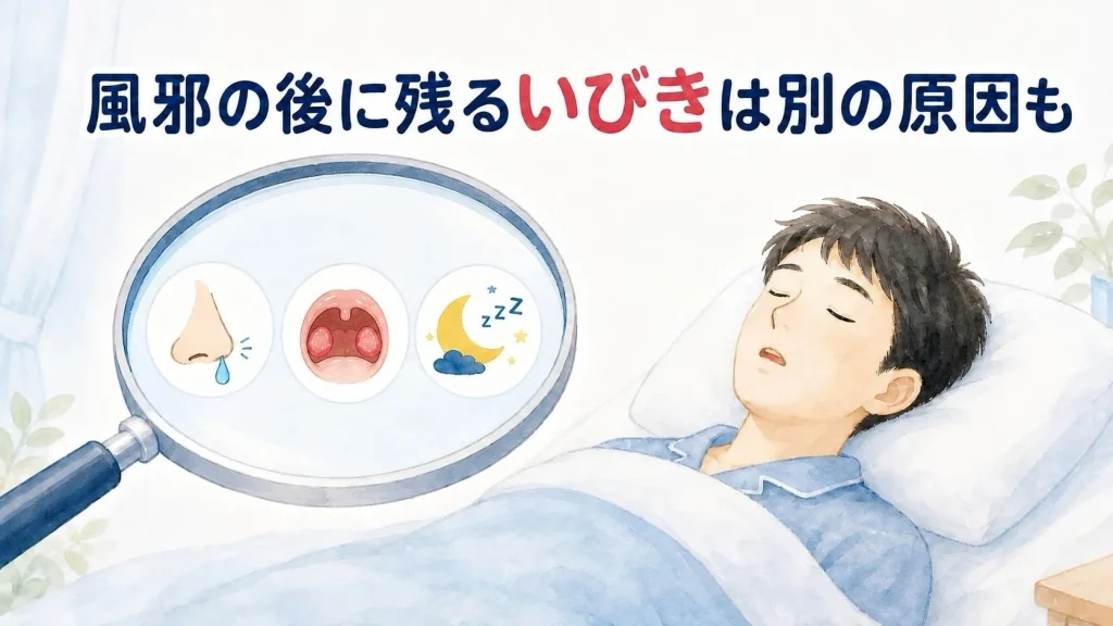 風邪が治った後もいびきが続く場合に、鼻や喉など別の原因を確認する必要性を示したイラスト