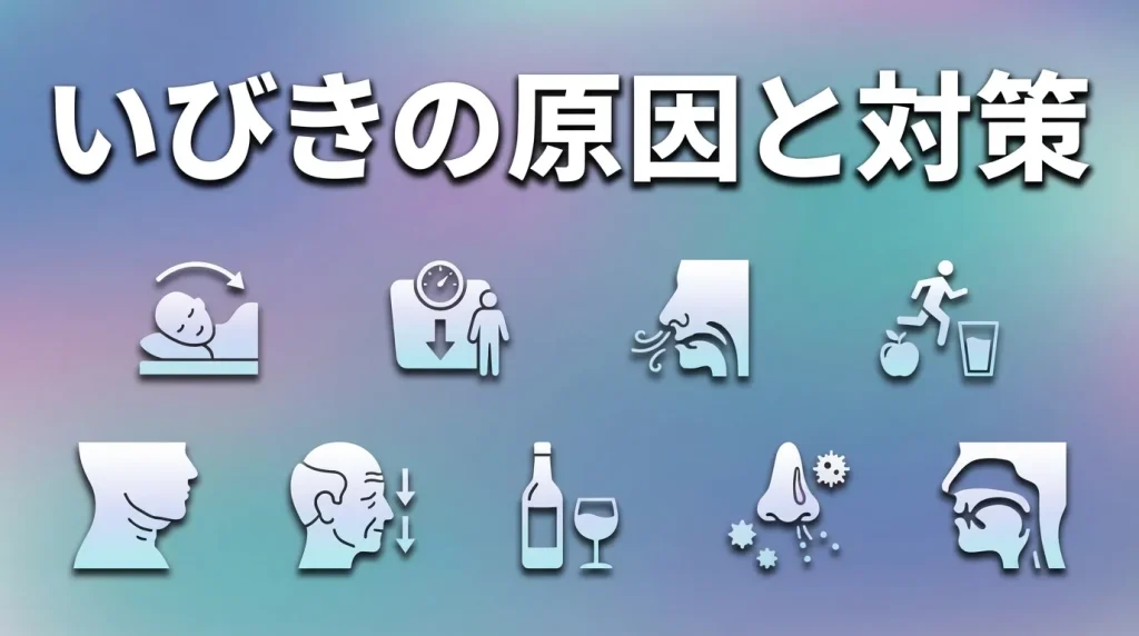 いびきの原因と、自分でできる生活改善や対策方法をアイコンで示したイメージ画像