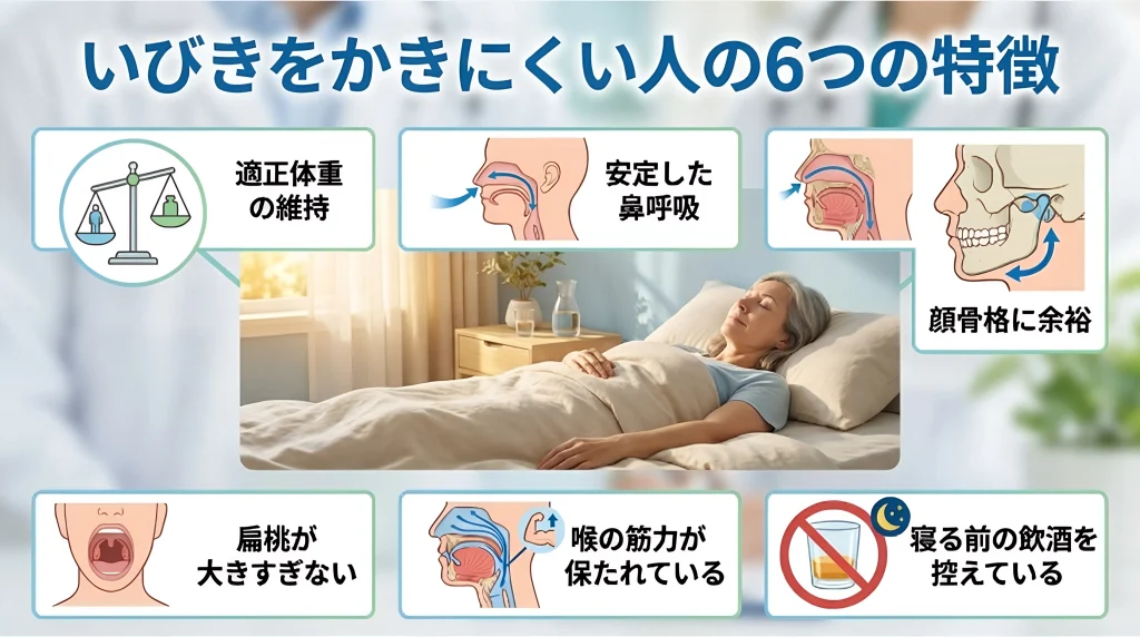 いびきをかきにくい人の特徴として、適正体重や安定した鼻呼吸など6つの要素をまとめた画像