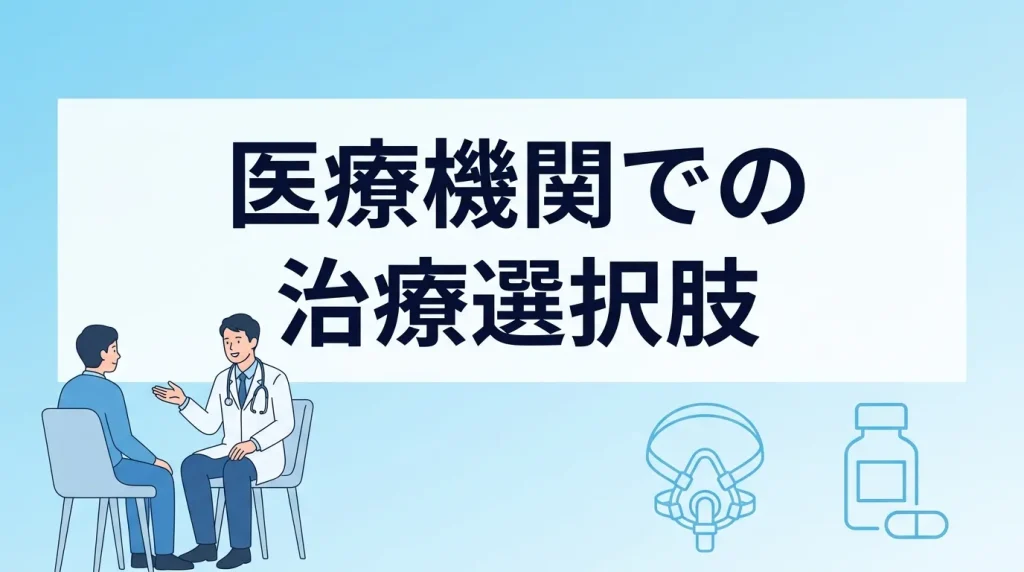 いびきや歯ぎしりがひどい場合に医療機関で受けられる治療法を解説する見出し画像