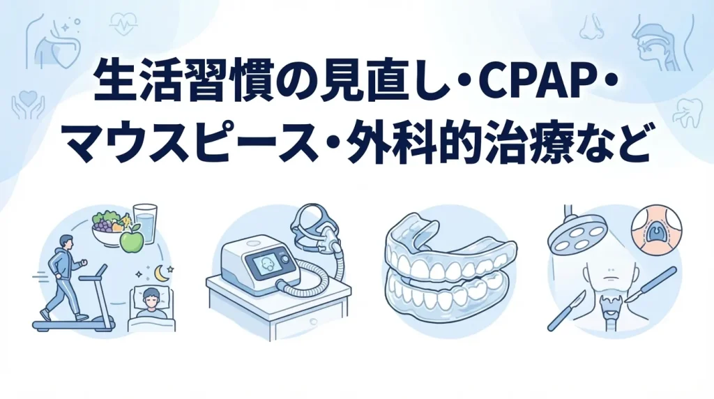 いびきや睡眠時無呼吸症候群に対する治療選択肢として、生活習慣の見直し・CPAP・マウスピース・外科的治療を示した図
