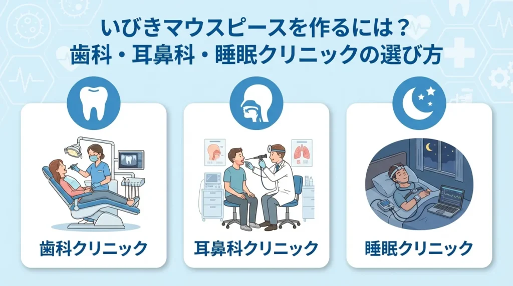 いびき治療マウスピースを作るための受診先を示すイメージ。歯科クリニック、耳鼻科、睡眠クリニックの違いを解説