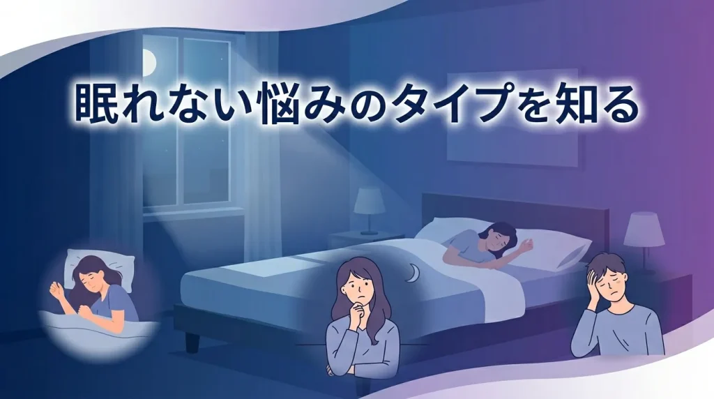 眠れない悩みのタイプを知るために、ケース別の不眠の考え方や対処の方向性をイメージで示した画像