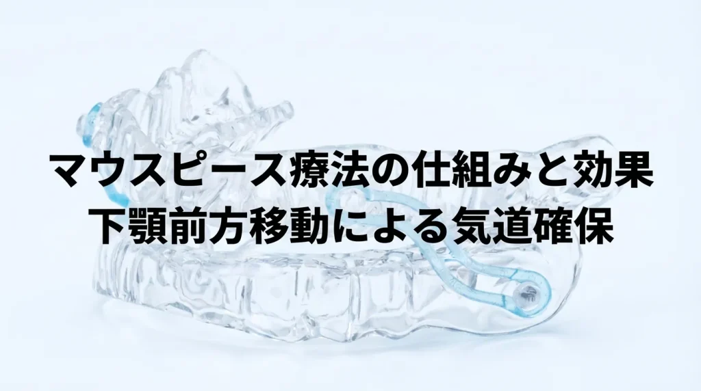 下顎を前方に移動させて気道を確保するマウスピース療法の仕組みを示したイメージ