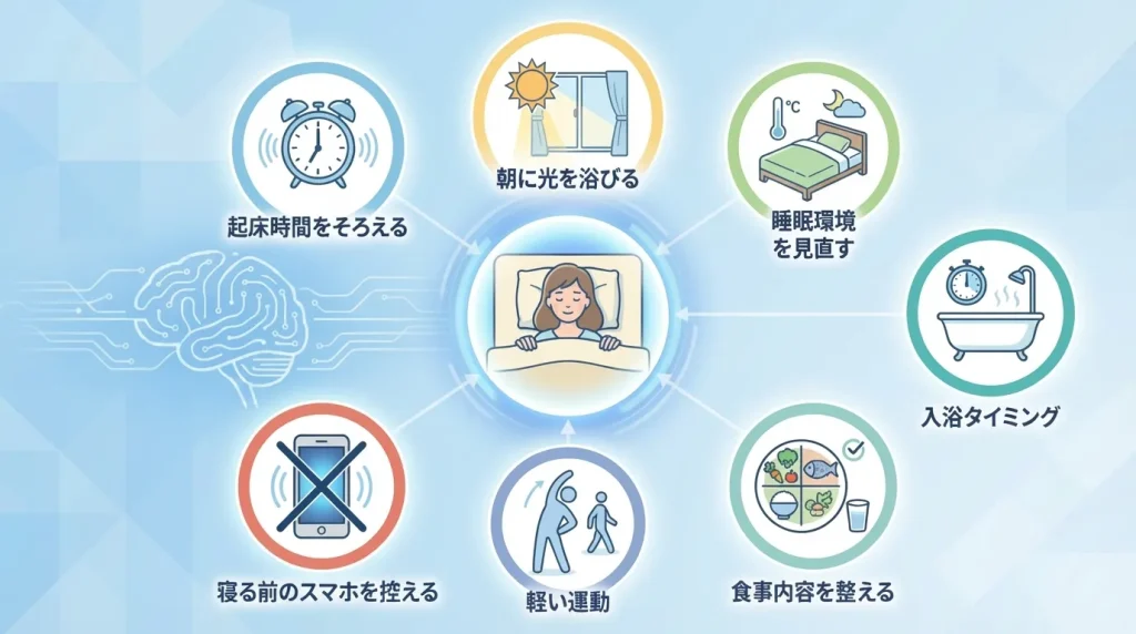 起床時間をそろえる、朝日を浴びるなど眠りの質を高める習慣をまとめた図