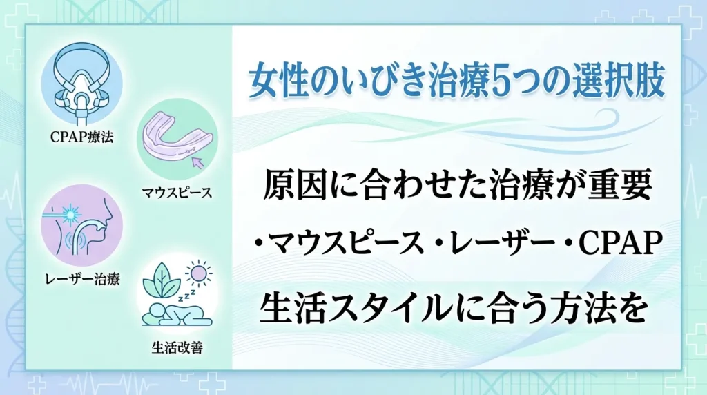 女性のいびき治療として行われる5つの方法をまとめた図解イメージ