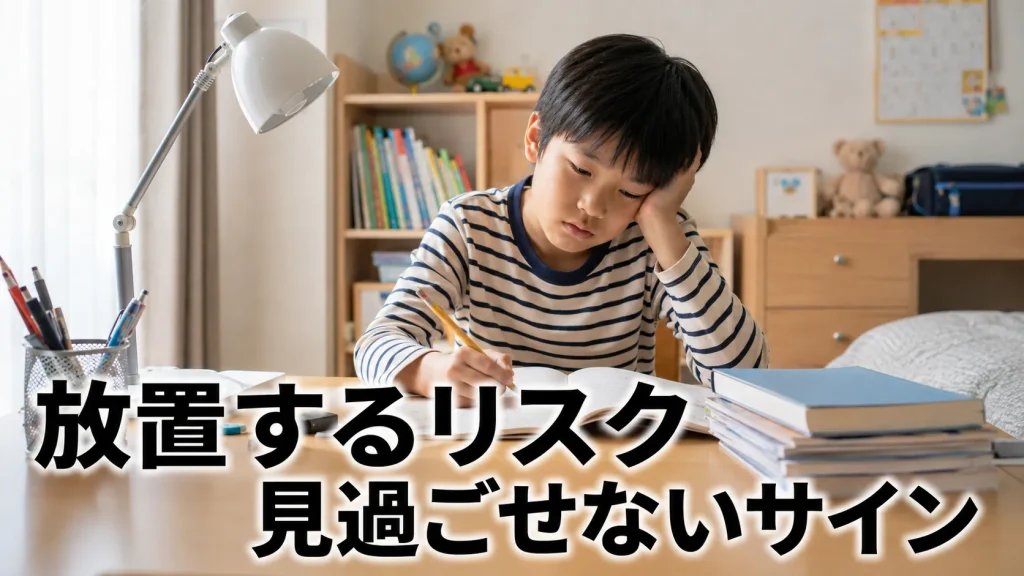 勉強中の子供の様子から、子供のいびきを放置した場合の成長や学習、発達への影響を解説する画像