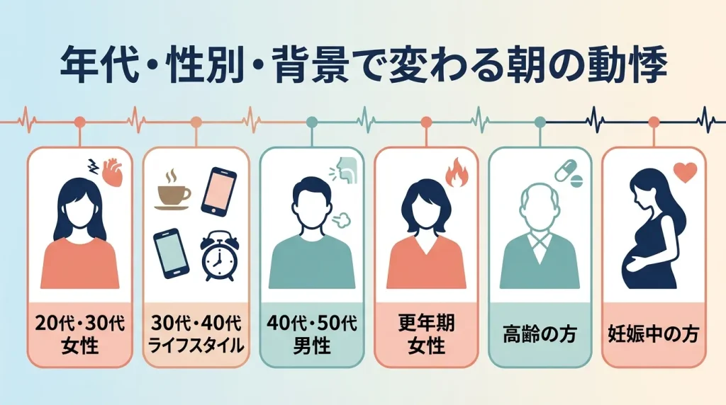 20代・30代女性や更年期、高齢者、妊娠中など年代・属性別に考えられる寝起きの動悸の原因