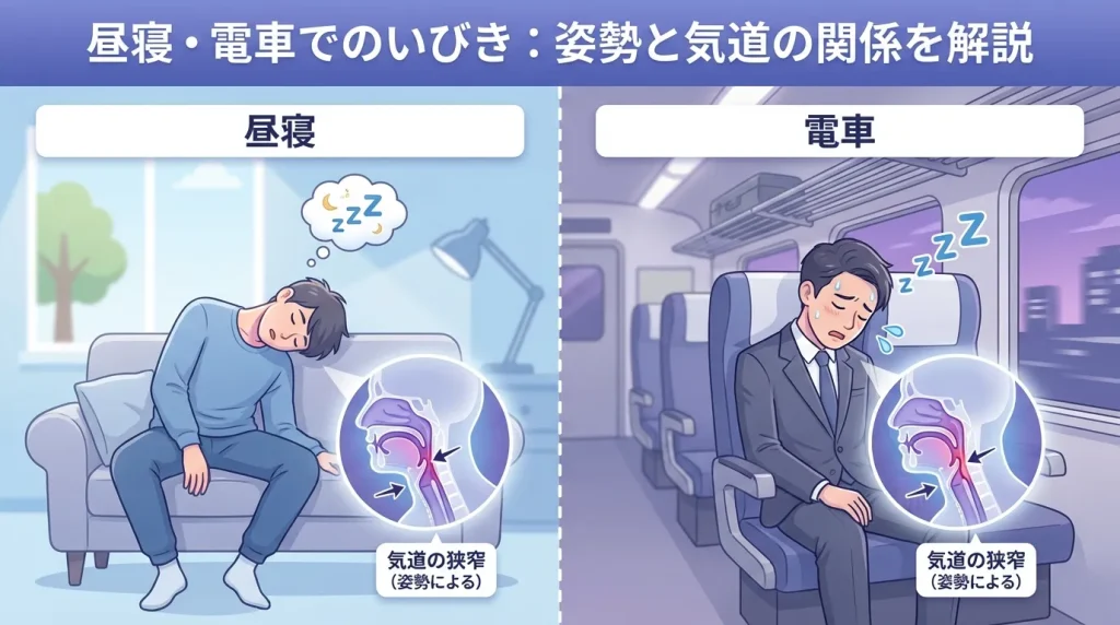 昼寝や電車で自分のいびきで起きる原因を姿勢と気道の関係から解説した画像