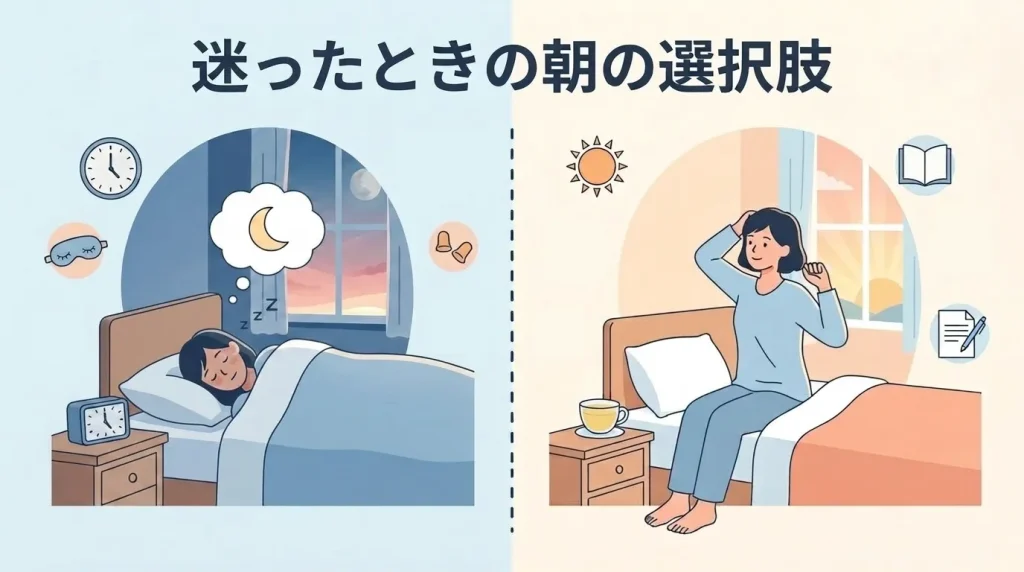 早朝に目が覚めたときの過ごし方として、二度寝する場合と起きて過ごす場合を比較したイラスト