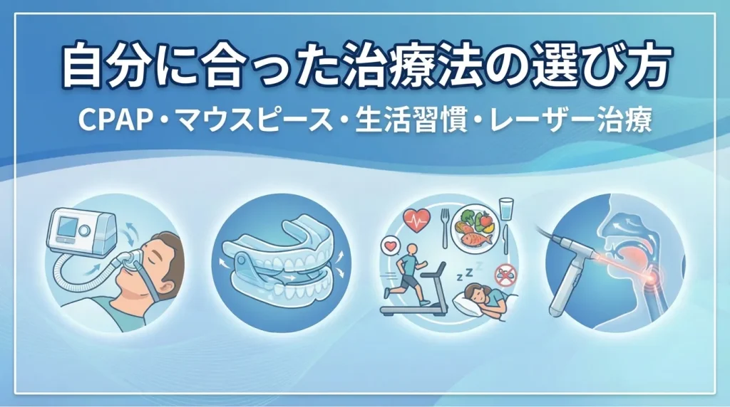 CPAP、マウスピース、生活習慣改善、レーザー治療など睡眠時無呼吸症候群の治療法を比較した画像