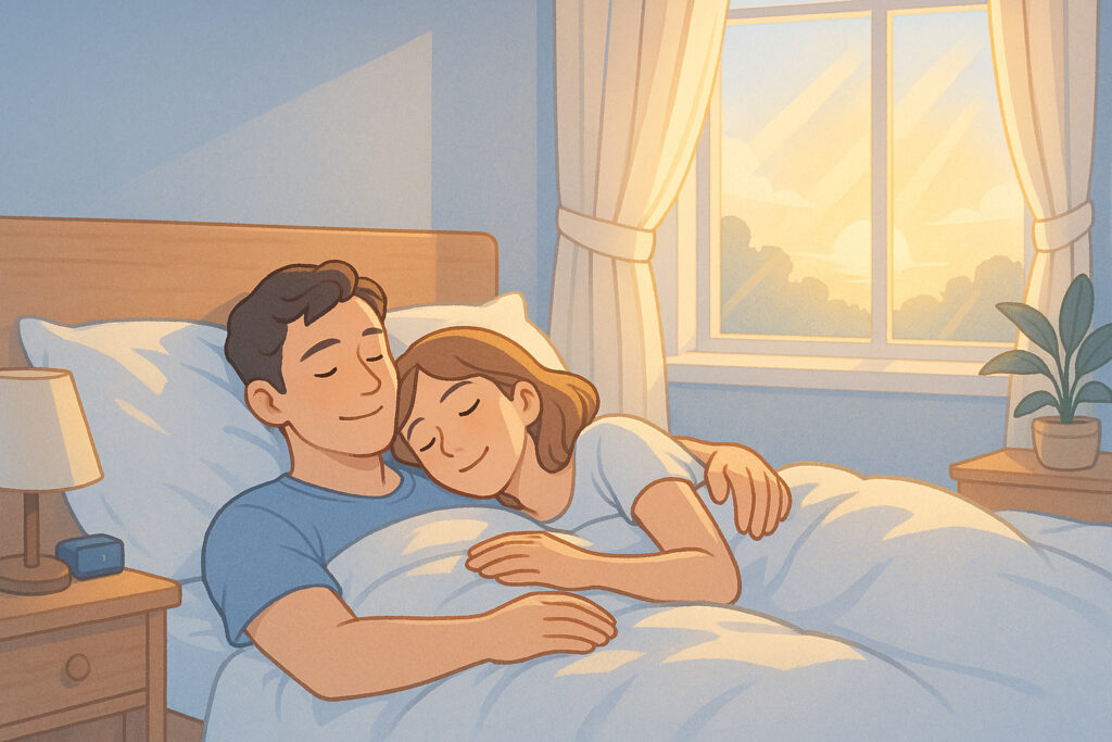 快適な睡眠で心地よく目覚めるカップルを描いた朝のイラスト