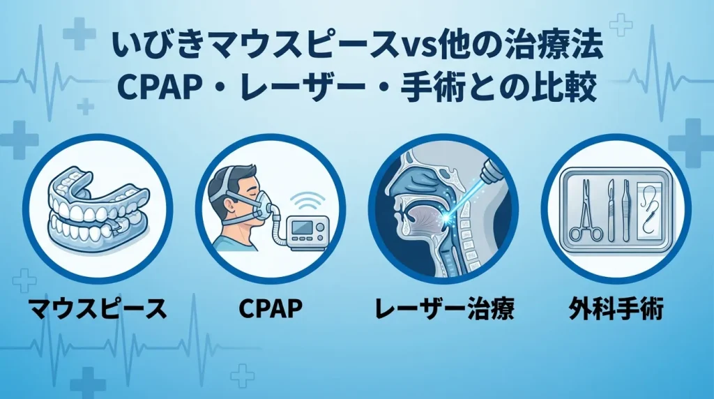 いびき治療マウスピースとCPAP、レーザー治療、外科手術を比較したイメージ。それぞれの治療法の特徴を示している