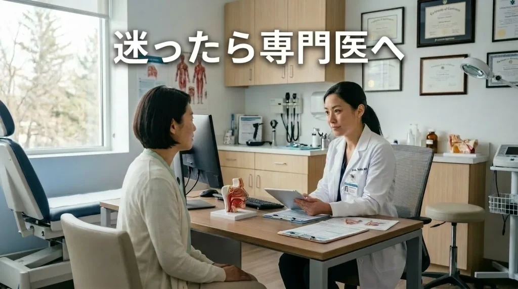 診察室で女性が医師に相談し、鼻いびきは原因に合わせた対策が大切であることを伝える画像