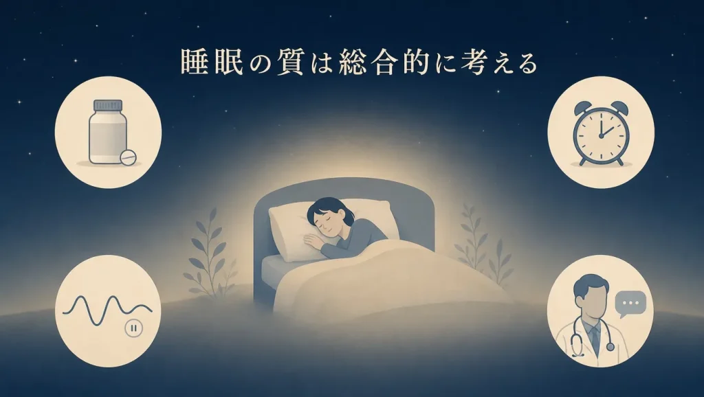 サプリメントだけに頼らず生活習慣や医療機関への相談も含めて睡眠の質を総合的に考えるイメージ