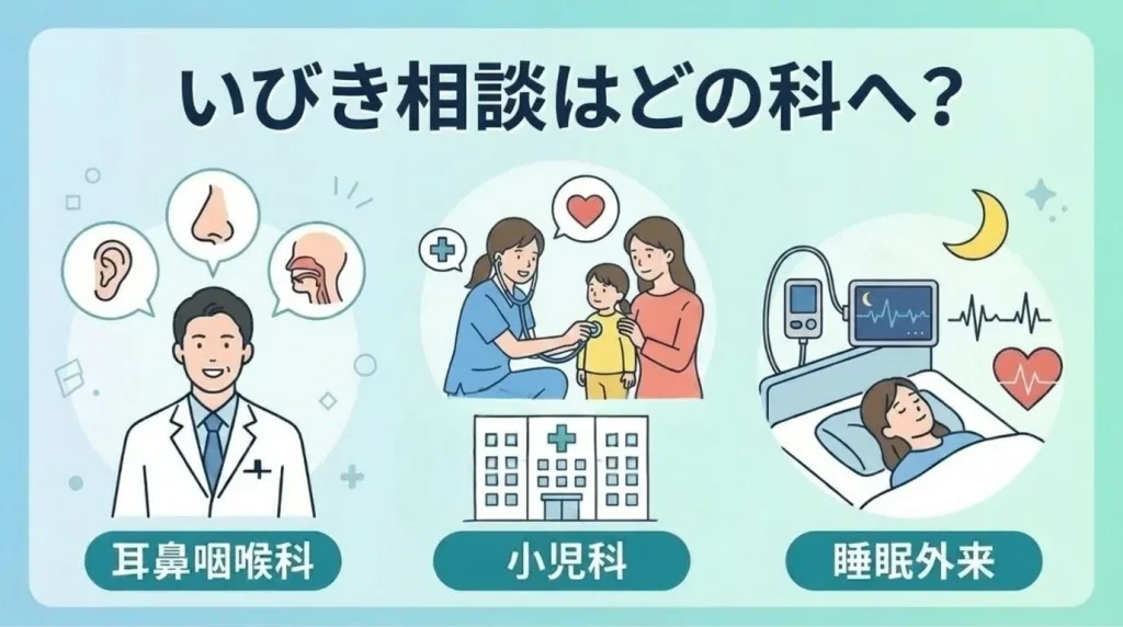いびき相談は何科に行くべきか、耳鼻咽喉科・小児科・睡眠外来を案内するイラスト