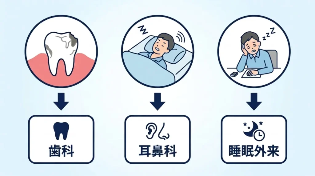 いびきや歯ぎしりの症状別に、歯科・耳鼻科・睡眠外来などの受診先や受診目安を解説する見出し画像
