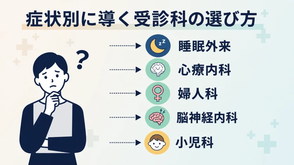 悪夢の症状に応じて睡眠外来・心療内科・婦人科・脳神経内科・小児科を選ぶ目安