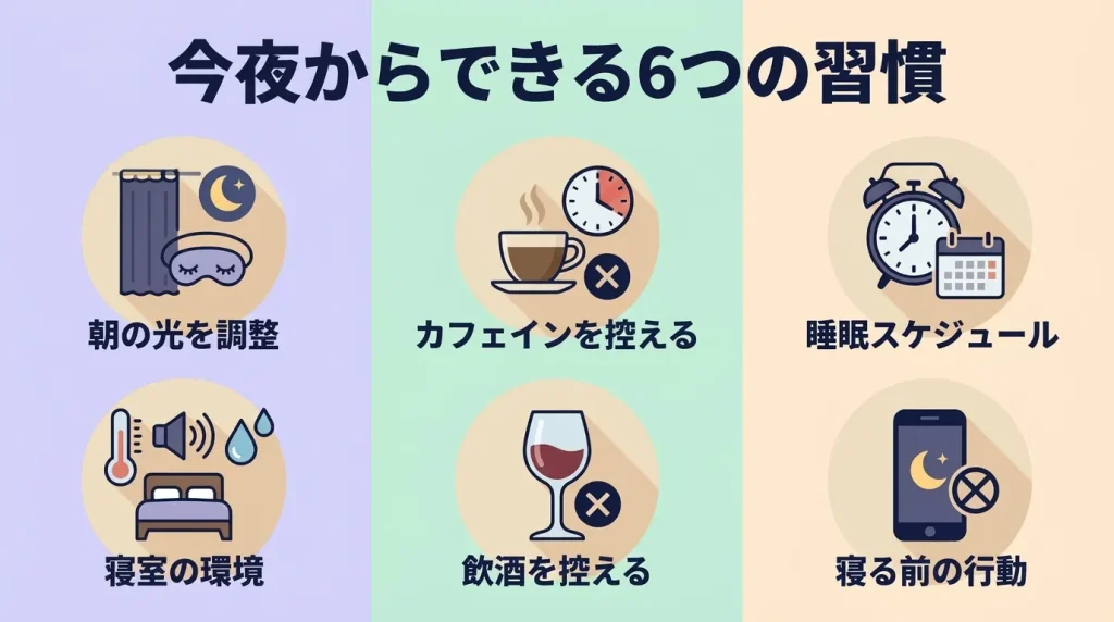 早朝覚醒対策として朝の光・カフェイン・飲酒・睡眠スケジュール・寝室環境・就寝前の行動を示した図