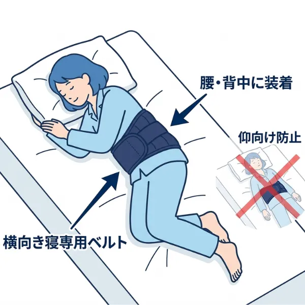 横向き寝専用ベルトを使用する図解イラスト