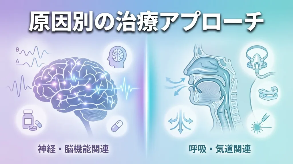 神経・脳機能関連と呼吸・気道関連に分けて、原因別の治療アプローチを示したイメージ画像
