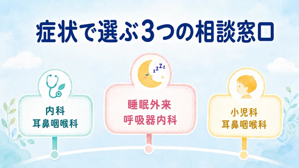 風邪やいびきの症状に応じた内科・耳鼻咽喉科・睡眠外来・呼吸器内科・小児科の受診先を示したイラスト