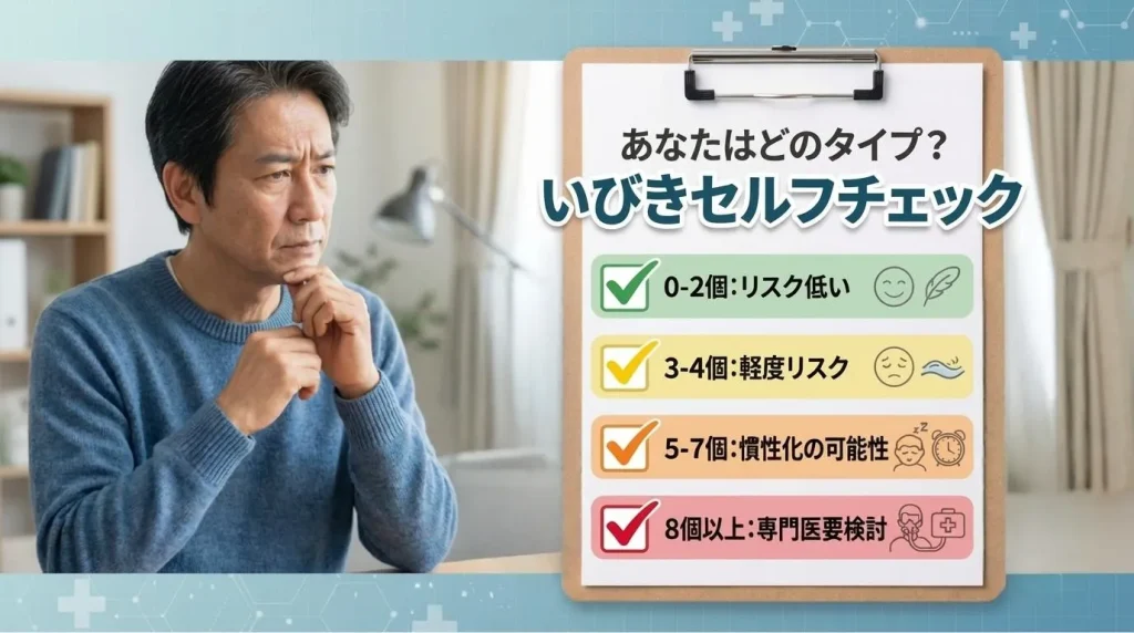 いびきのリスクを確認するセルフチェックとして、項目数ごとの目安を示したチェックリスト画像