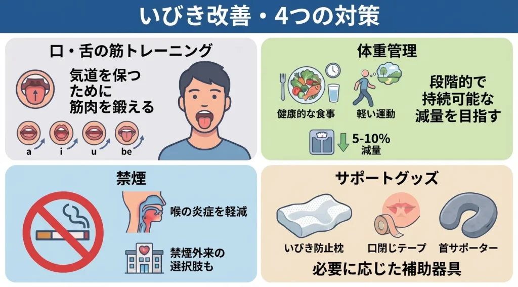 自分のいびきで起きるのを減らす4つの対策をまとめた画像