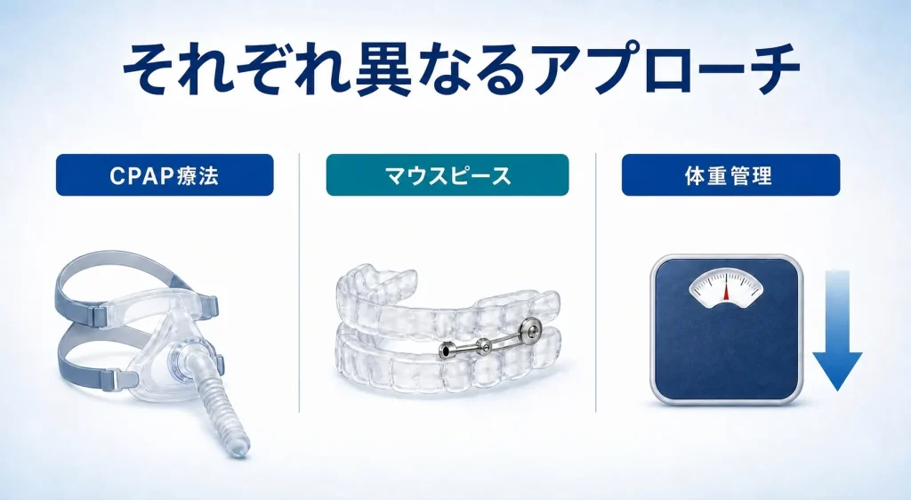 CPAP療法・マウスピース・体重管理の違いと併用の考え方を比較する画像