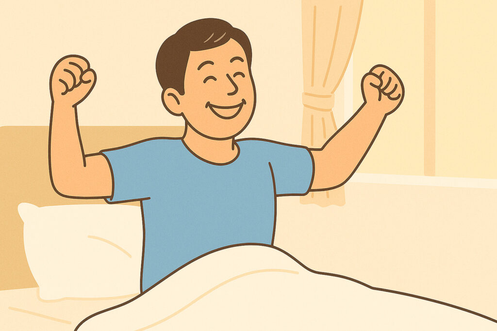 朝、すっきり目覚めて笑顔を見せる男性のイメージ｜健康的な生活の回復を象徴