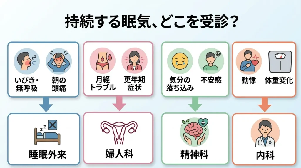 いびきや無呼吸、月経トラブル、気分の落ち込みなどの症状別に受診先を示した図