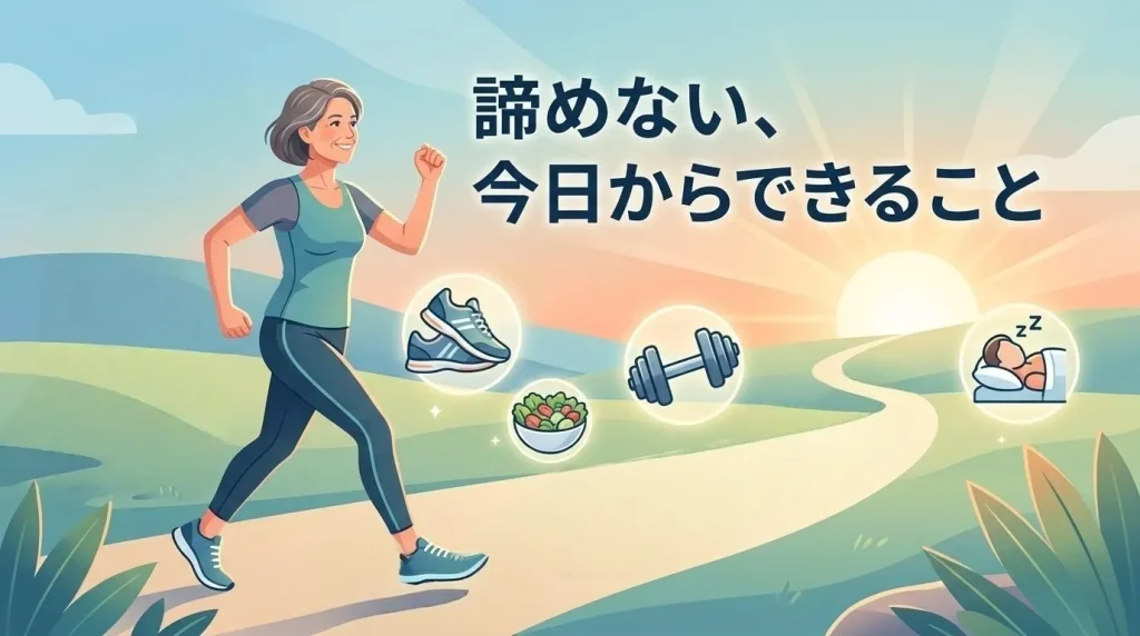 加齢によるいびきを仕方ないと諦めず生活習慣の改善に取り組む女性のイラスト