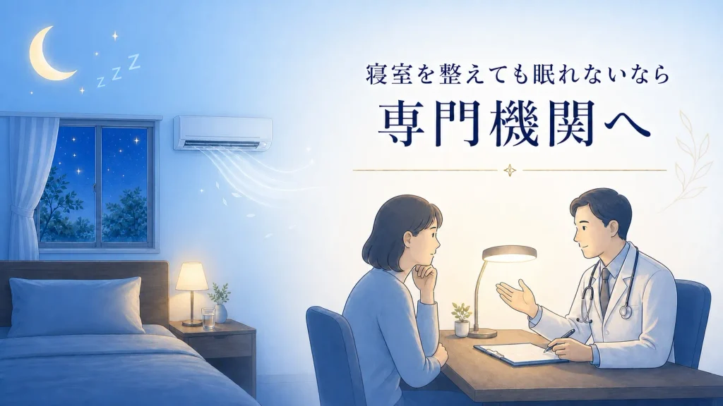 暑さ対策をしても眠れない場合に専門機関へ相談するイメージ|エアコンのある寝室と医師に相談する女性