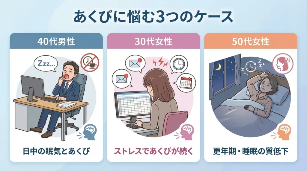 あくびに悩む3つのケースとして、日中の眠気がある40代男性、ストレスであくびが続く30代女性、更年期や睡眠の質低下に悩む50代女性を示した図