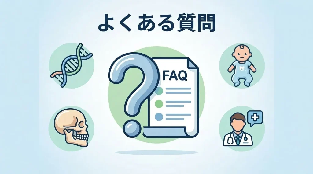 DNA、頭蓋骨、赤ちゃん、医師のアイコンとFAQで、いびきの遺伝に関するよくある質問を示す図