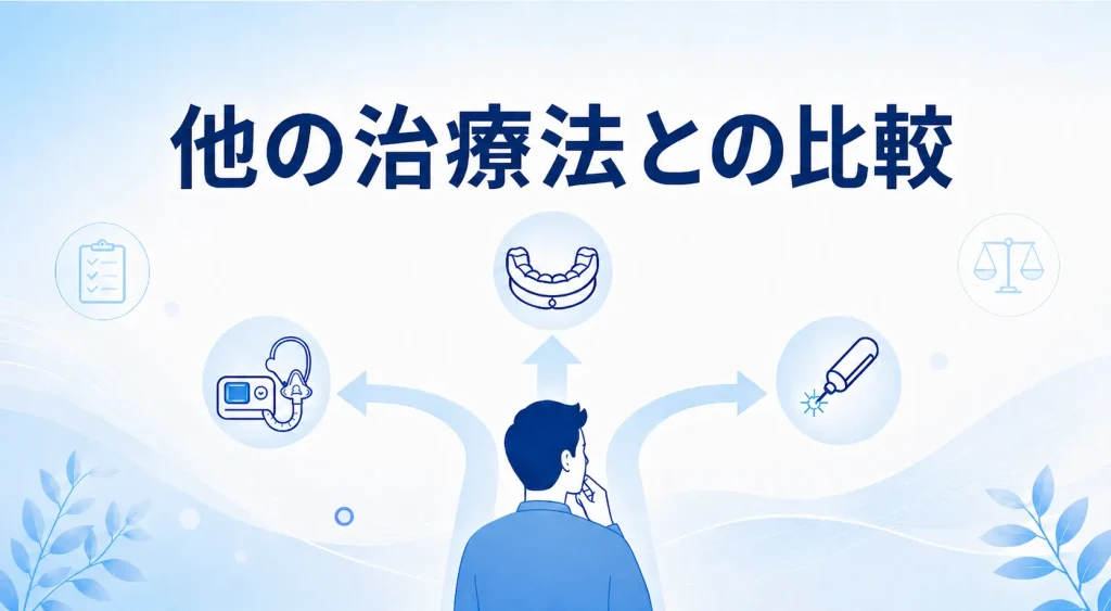 ナステントとマウスピースやCPAPなど主ないびき治療を比較する見出し画像