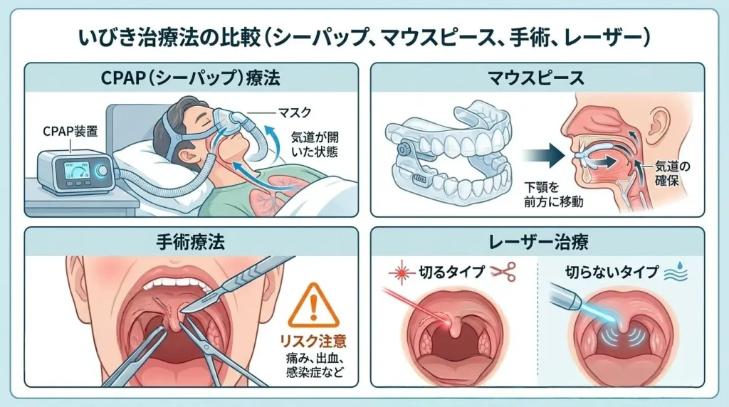 いびき治療の選択肢としてCPAPやマウスピース、手術、レーザー治療を比較した画像