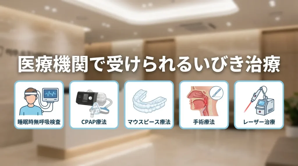医療機関で受けられるいびき治療として、睡眠時無呼吸検査やCPAP、マウスピース療法などを紹介する画像