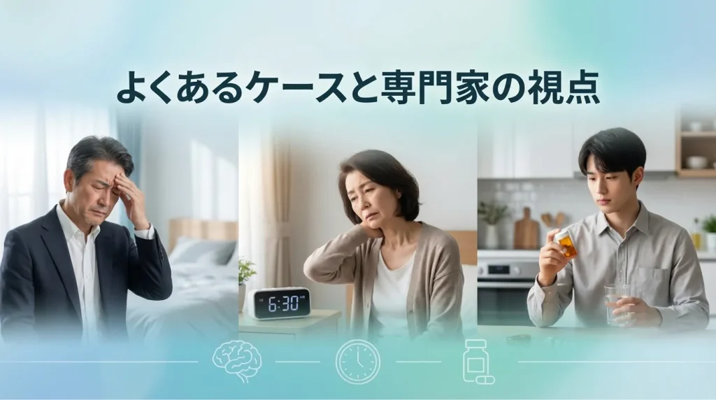 寝起きの頭痛に悩む人のよくあるケースと改善の視点を、複数の人物イメージで示した画像
